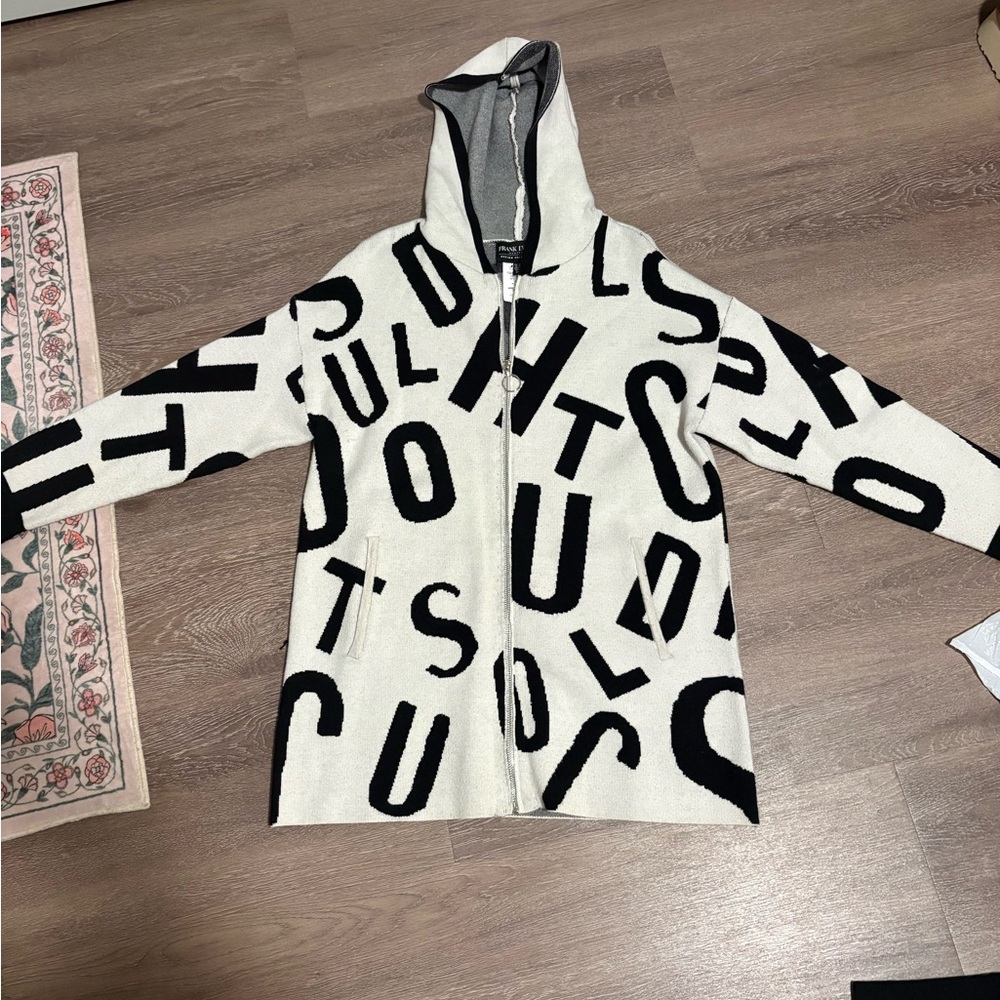 Black & White Letter-Print Hooded Women's Sweater